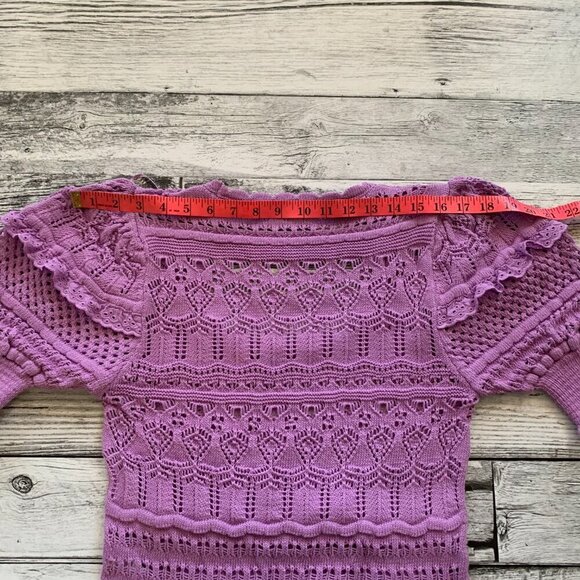 Zara Pointelle Knit Crochet Puff Sleeve Scoop Neck Lavender Cropped Sweater - Picture 12 of 13